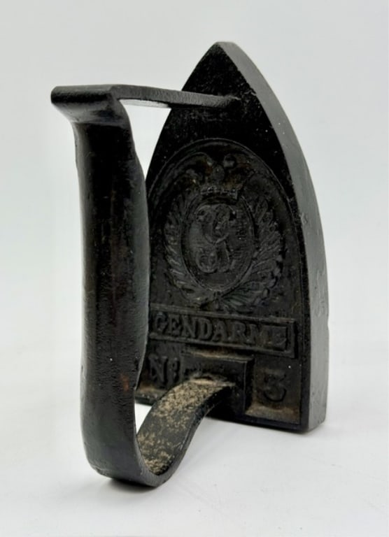 Antique Gendarme No. 3 Sad Iron: Antique Gendarme No. 3 sad iron. Number 3 was ideal for smaller garments, delicate fabrics, collars, and lace. In great condition for age. Approximately 6" x 4" x 3.25". Photos are considered part of 