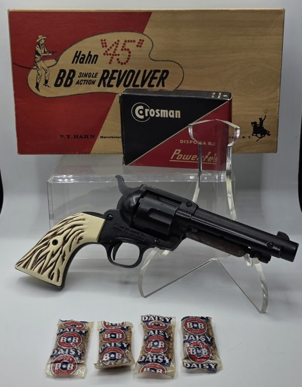 Vintage Hahn "45" Single Action BB Revolver: Vintage Hahn "45" single action BB revolver., Produced by Crosman Arms. Includes BB's and original box. Photos are considered part of the condition and description. 802-3