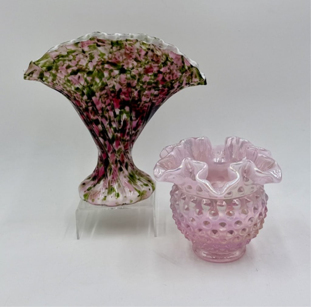 Pair of Vintage Fenton Art Glass Collectibles: Pair of vintage Fenton art glass collectibles. Set includes "Vasa Murrhina" fan vase and hobnail pattern vase. Fan vase features confetti pattern with a ruffled, fan shaped top. Pink opalescent hobnai