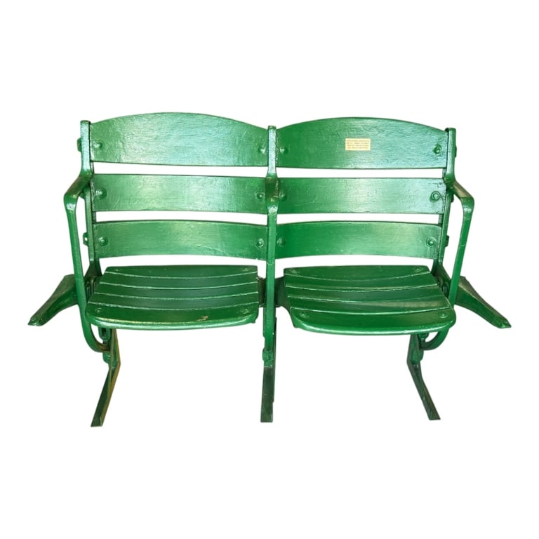 Antique Griffith Stadium & Tinker Field Seats: Set of two antique bleacher seats. Seats once used in Griffith Stadium in Washington, D.C. from 1911-1965 and in Tinker Field from 1965-2015. Painted green. Iron frame. In good condition for age with 