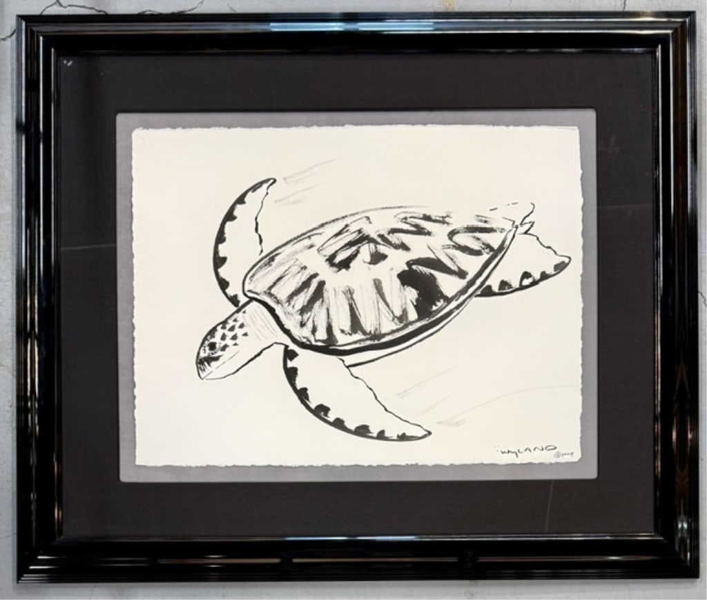 Signed & Framed Wyland Sumi Ink "Turtle" Painting: Signed and framed Robert Wyland sumi ink "Turtle" painting. Painted in front of the original and only owners. Signed and dated, 2000. Painting features a black and white depiction of a sea turtle. Can