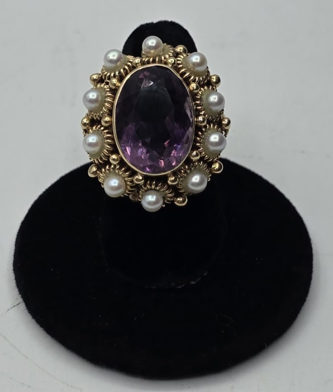 14k Amethyst and Pearl Ring - 13.45g TW (1 of 6)