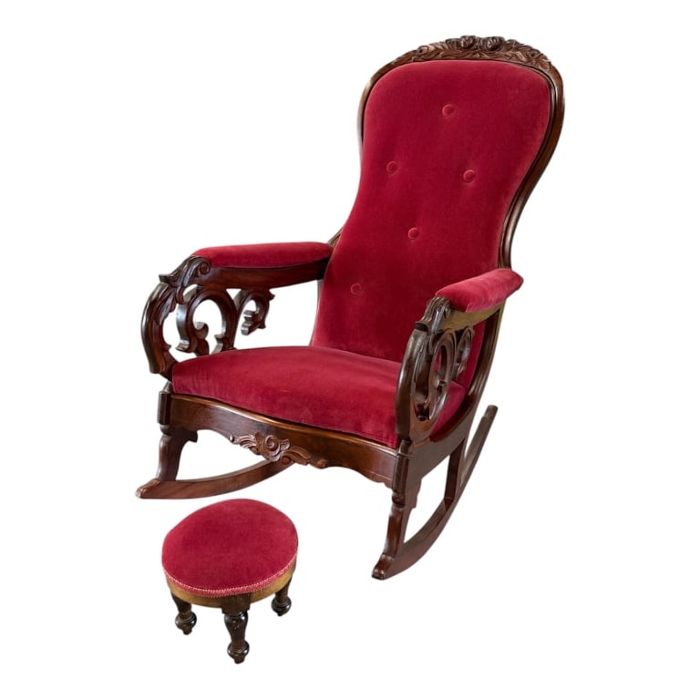 Vintage Victorian Rococo Rocking Chair & Stool: Vintage Victorian Rococo carved rocking chair and foot stool. Chair features a high, balloon shaped back with a hand carved floral crest rail. Pierce carved openwork arm supports and a shaped, carved 