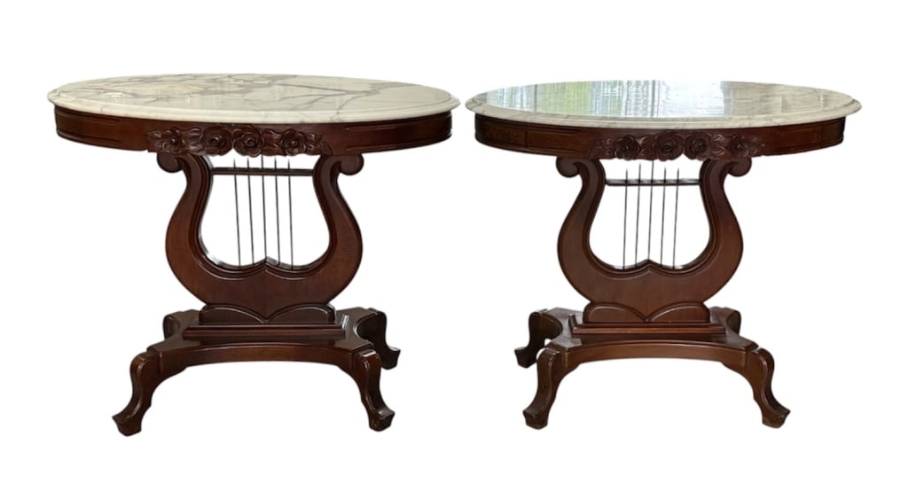 Pr. Victorian Marble Top Lyre Base Oval Tables (1 of 14)