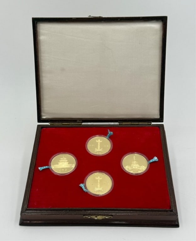 1979 China 30th Anniversary Gold Proof Set: 1979 China 30th anniversary of the founding of the people's republic of China gold 4 coin proof set. The set consists of four distinct proof coins featuring historical landmarks, designed to mark thre