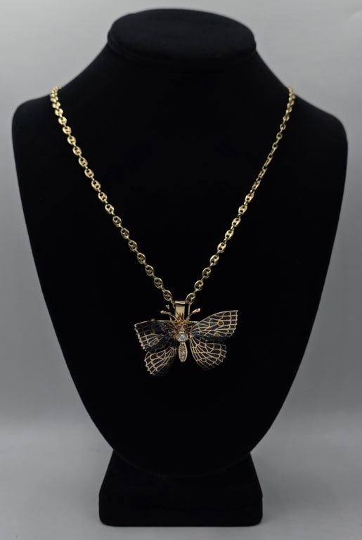 18K Plique a Jour Butterfly Necklace - 39.77g CTW: Stunning 18k plique a jour butterfly brooch on chain. Butterfly brooch crafted from yellow gold and adorned with diamond body accents and ruby(?) eyes. Articulated wings showcase a masterfully execute