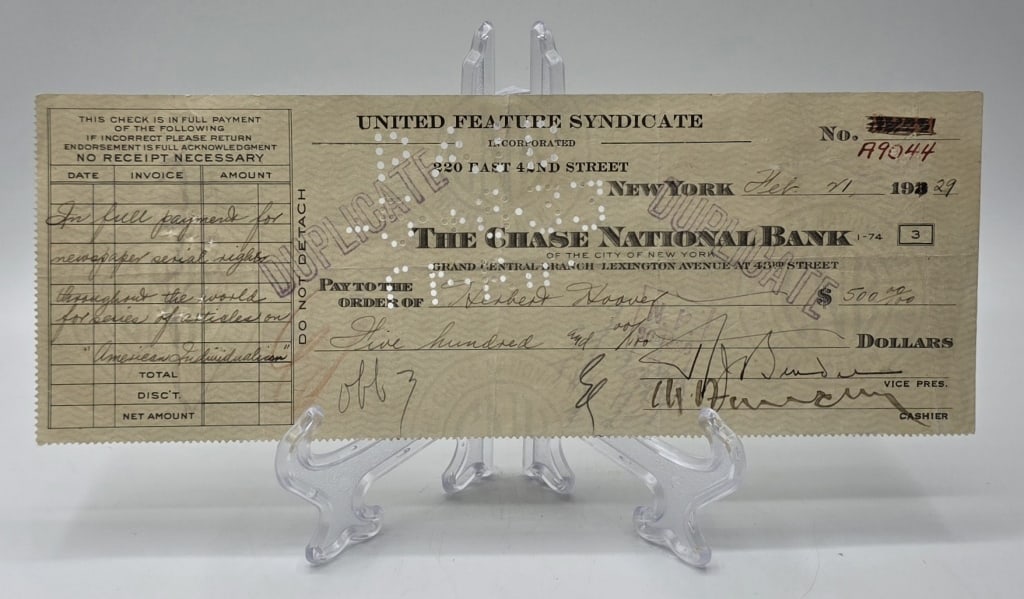 Signed Herbert Hoover Chase National Bank Check (1 of 9)