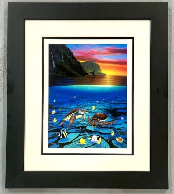 R. Wyland Signed "Ancient Mariner" Seriolithograph: Robert Wyland signed and numbered "Ancient Mariner" seriolithograph. Produced in 2005. The piece depicts sea turtles and colorful reef fish underwater, featuring a vibrant Hawaiian sunset backdrop