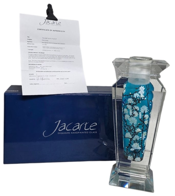 2008 Jacarte "Moonlight Sonata" Crystal Vase: 2008 Jacarte "Moonlight Sonata" crystal vase. Features reverse hand painted interior with magpies perched on flowering magnolia branches and includes a removable glass tube insert. Heavy, geometric