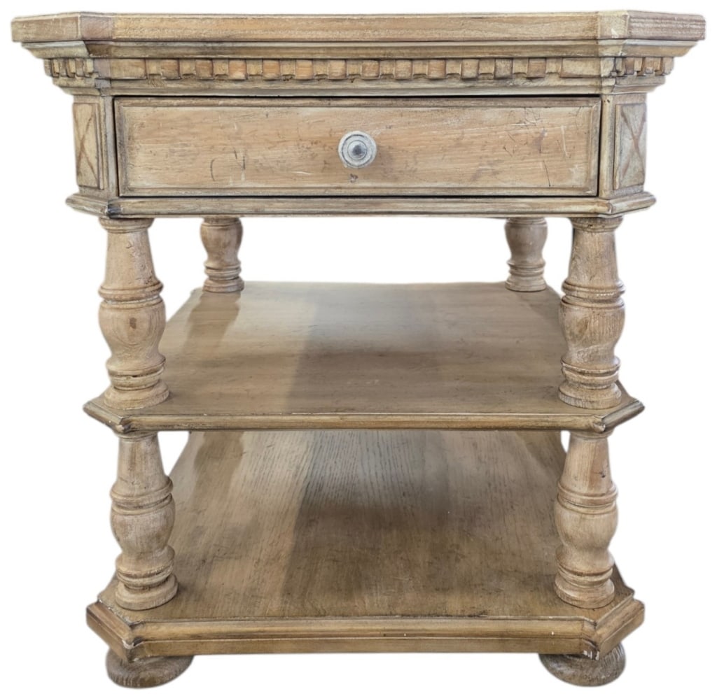 Hooker Furniture 'Sorella' End Table: Hooker Furniture 'Sorella' end table. Features fixed center open shelf, fluted legs, and single pull drawers. In antique slate finish. Approximately 29"h x 28"w x 28"d. Photos are considered part of t