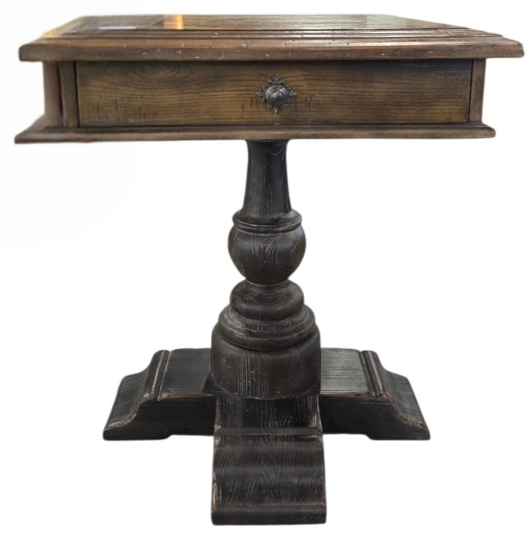 Rustic Hooker Furniture Kirby Bedside Table: Rustic Hooker Furniture Hill Country Kirby bedside table. Table features a unique timeworn saddle brown finish and aged black pedestal base. Single pull drawer. Approximately 29"h x 26"w x 26"d. Photo