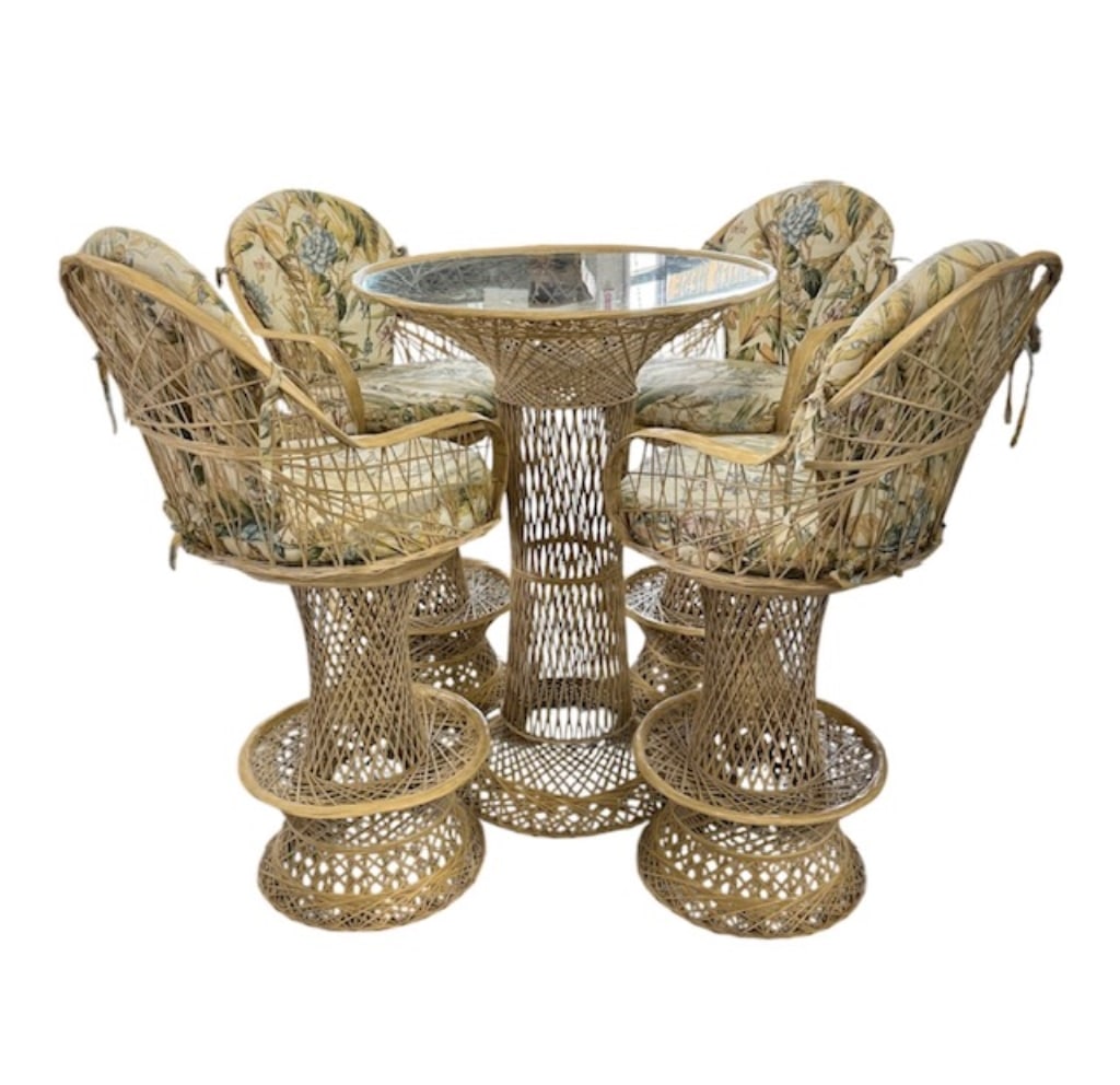 MCM R. Woodard Style Spun High Top Patio Set: MCM Russel Woodard style spun fiberglass high top patio set. 5 Piece set built from spun fiberglass. Features a distinctive woven hourglass base structure on both the bar stools and the pedestal table