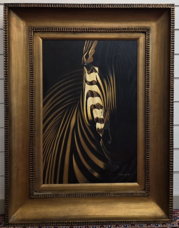 Artist Signed Contemporary Oil on Canvas "Zebra": Contemporary wildlife realism oil on canvas painting titled "Zebra". Artist signed. Painting farmed in an ornate wooden frame finished in a distressed metallic gold gilding. Includes COA. Some wear to