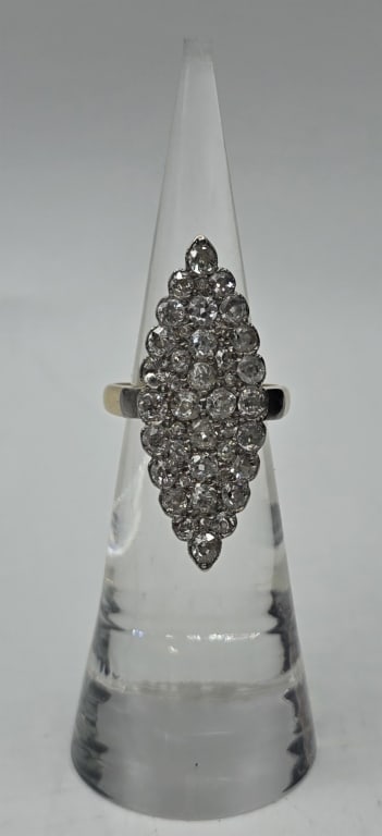 Vintage 14k Diamond Navette Ring - 5g TW: Vintage 14k diamond navette ring. 5g TW. 14k White gold setting and shoulders with yellow gold setting back and band. Comprised of over 30 diamonds of assorted sizes. Ring measures approx. 1.25"H x 0.