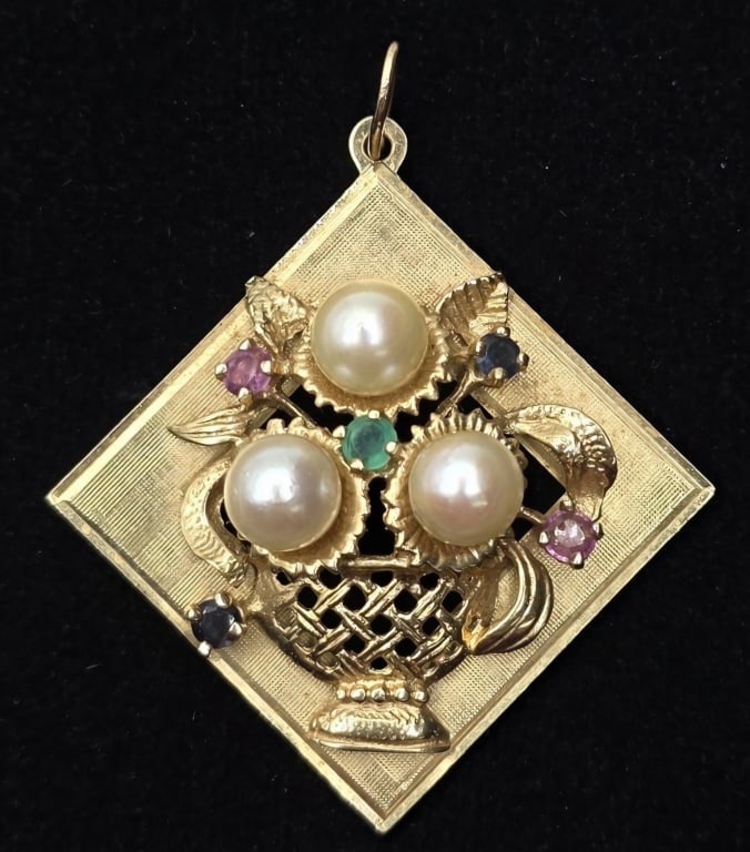 Vintage 14k Pearl & Gemstone Pendant - 9.61g TW (1 of 6)