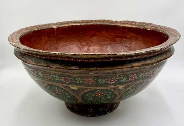 19th Century Hand Painted Paper Mache Flower Bowl: 19th Century hand painted paper mache Indian flower bowl. Traditionally hand painted with intricate floral patterns against a black background. In good condition for age with normal wear. Approximatel