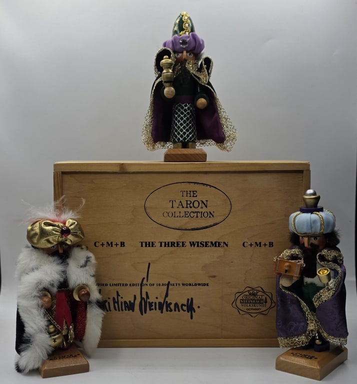 Taron Collection "The 3 Wisemen" Mini Nutcrackers: Limited edition "The Three Wisemen" mini nutcracker set from The Taron Collection. Handcrafted in Germany by Steinbach Volkskunst. Set includes wooden display crate signed by Christian Steinbach. Nutc
