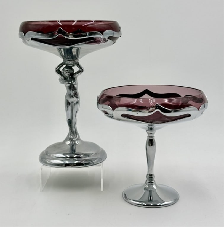 Pair Farber Brothers "Krome Kraft" Compote Dishes: Pair of Farber Brothers "Krome Kraft" Art Deco compote dishes featuring deep amethyst purple glass inserts produced by the Cambridge Glass Company. Includes Statuesque "Nude Lady" stem compote and cla