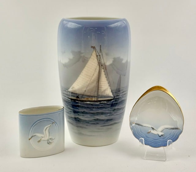 Hand Painted Danish Porcelain Collectibles: Collection of hand painted Danish porcelain collectibles. Includes 7.5" Royal Copenhagen Sailing Ship vase (Model No. 1484 / 237), 2.5" B&G seagull toothpick holder, and .75"h x 3.5"w B&G trinket dish