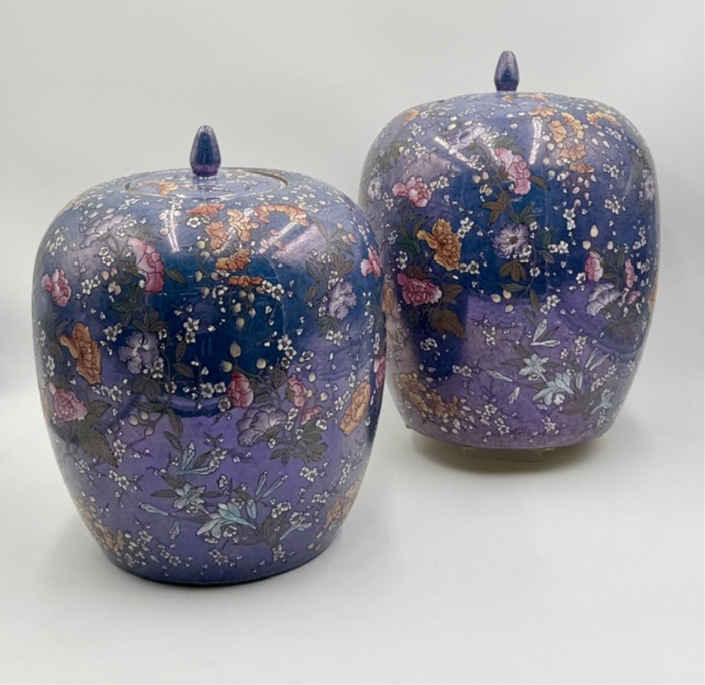 Pr. Vintage Polychrome Ceramic Ginger Jars: Pair of vintage polychrome ceramic ginger jars. Decorative jars feature an elegant two tone ombre glaze that gradients from a deep cobalt blue down into a soft lavender purple hue decorated with dense