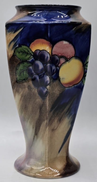 Vintage H&K Tunstall Autumn Vase: Vintage Hollinshead & Kirkham (H&K) Tunstall vase. Featuring the "Autumn" pattern with a distinct blue luster glaze and hand painted fruit design. Approximately 6.5"h. Photos are considered part of th
