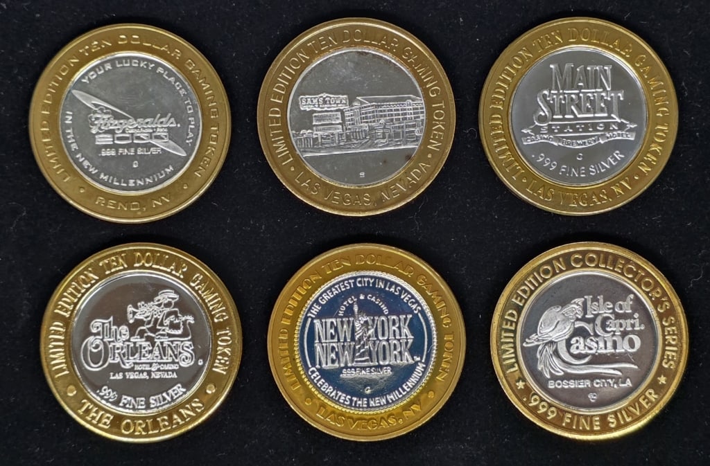 L.E. .999 Fine Silver Vegas Casino Gaming Tokens: Limited Edition .999 Fine Silver Las Vegas Casino Gaming Tokens. All In Plastic Display Cases. Includes Main Street Station, Isle of Capri, New York New York, Sam's Town, The Orleans & Fitzgeralds $10