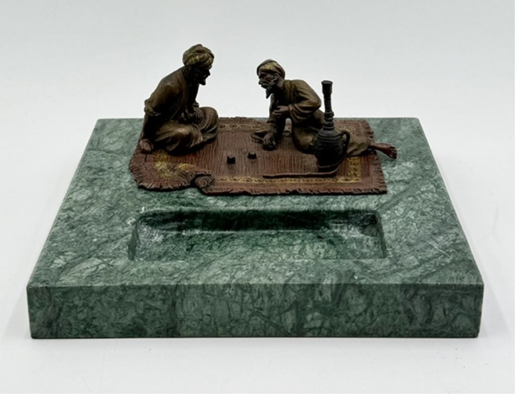 Bronze "Dice Players on Carpet" Desk Tray: Vintage Vienna cold painted bronze desk tray. Tray features central figurine composition titled "Dice Players on Carpet" attributed to Franz Xaver Bergman depicting two men sitting on a rug rolling di