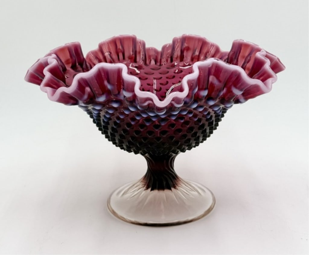 Beautiful "Plum Opalescent" Hobnail Compote: Vintage Fenton (?) art glass compote in the rare "Plum Opalescent" color. The bowl features a hobnail texture and a ruffled or crimped edge. In excellent condition with no chips or nicks. Approximatel