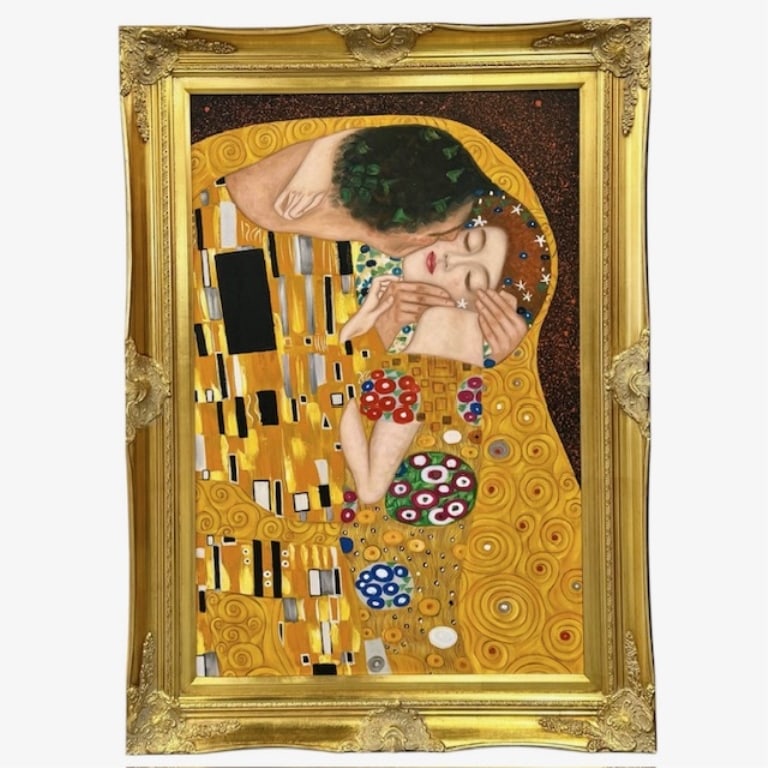 Gustav Klimt "The Kiss" Framed Reproduction: Framed reproduction of Gustav Klimt's "The Kiss". Hand painted reproduction carefully recreated detail by detail, color by color to near perfection. Ornate gold frame. Canvas approximately 36"h x 24",