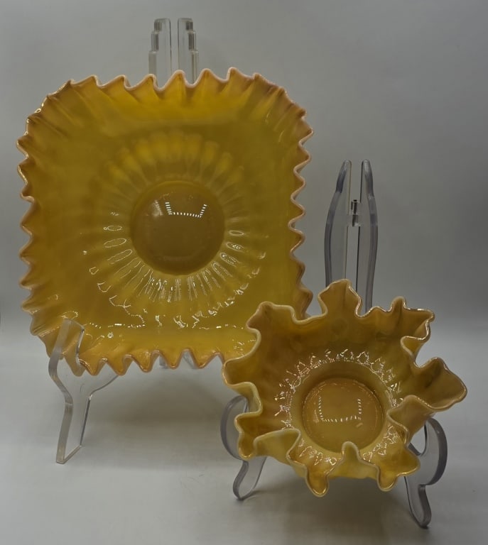 New Martinsville "Muranese" Art Glass Berry Set: New Martinsville Glass Company "Muranese" art glass berry set. Set features ruffled, sunburst designs with an iridescent opal butterscotch finish. Set includes small 2"h x 5"dia and large 3"h x 9"dia.
