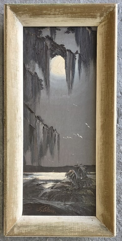 Signed Fl. Highwaymen James Gibson Oil on Board: Original Florida Highwaymen James Gibson oil on board. Signed landscape painting features a moonlit river scene in a monochromatic gray color scheme. Approximately 25"h x 12"w. Photos are considered p