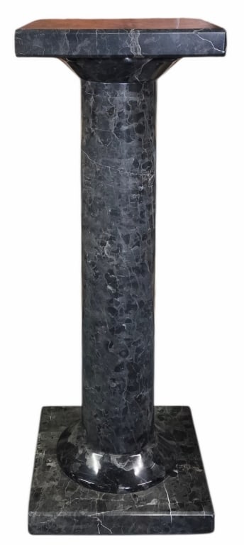 Classic Polished Marble Column Pedestal Stand: Classic marble column pedestal stand. Made of polished dark gray and black Marquinia marble with distinctive white and gray veining running throughout the stone. One piece, heavy. Approximately 32"h x