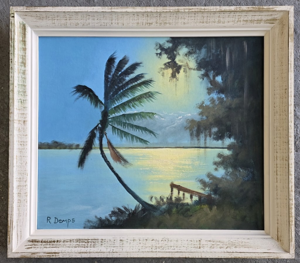 Fl. Highwaymen Rodney Demps Signed Oil on Board: Original Florida Highwaymen Rodney Demps oil on board. Signed landscape painting depicts a tranquil Florida coastal scene with a leaning palm tree against a bright sky and calm water. Approximately 24