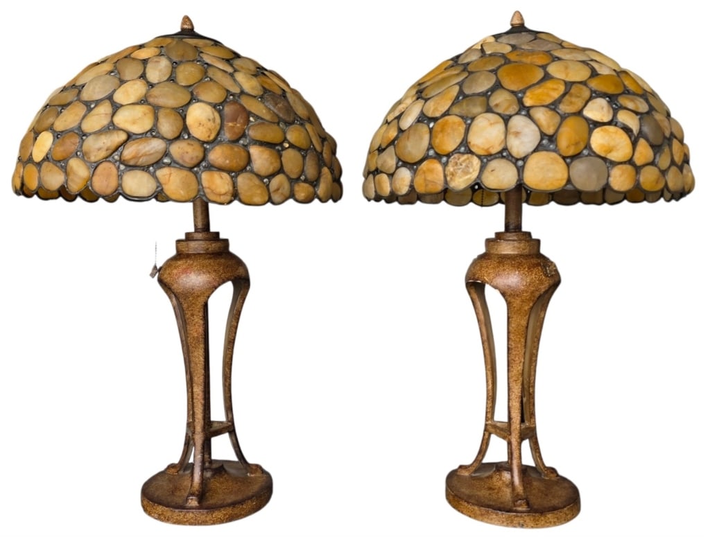 Colour Creations "Shoreline" River Rock Lamps: Pair of Colour Creations "Shoreline" natural river rock Tiffany style table lamps. Handcrafted using polished, sliced natural river stones and agate joined together with leaded copper foil in a
