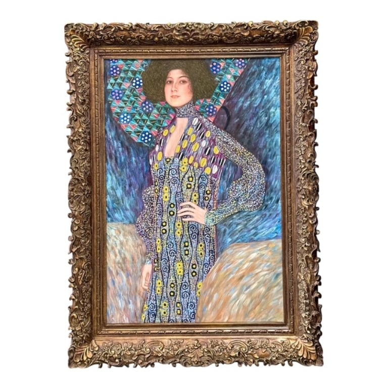 Framed Gustav Klimt "Portrait of Emilie Floge": Framed Gustav Klimt "Portrait of Emilie Floge". Reproduction oil on canvas carefully recreated detail by detail, color by color to near perfection with hand embellished gold and silver accents.