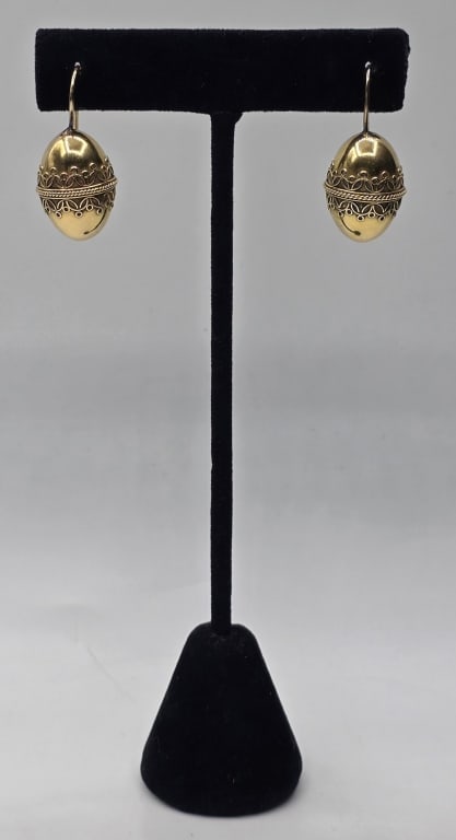 14k Etruscan Revival Earrings - 5g: Vintage 14k Etruscan Revival style earrings. 5g Combined weight. Hollow egg shapes featuring detailed rope-twist wire accent around center bordered by scrollwork motif. Earrings are suspended from a