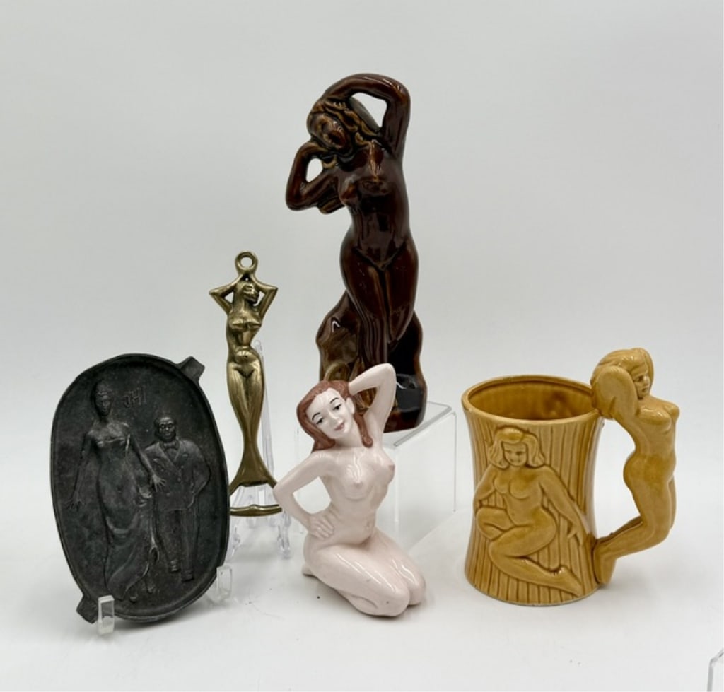 Assorted MCM Novelty Barware & Vanity Collectibles: Collection of assorted MCM risque novelty barware and vanity collectibles. 5 piece collection includes 6.5" brass bottle opener, 5.75" two sided ashtray, 8.5" dark glazed female statue, 5" Holland