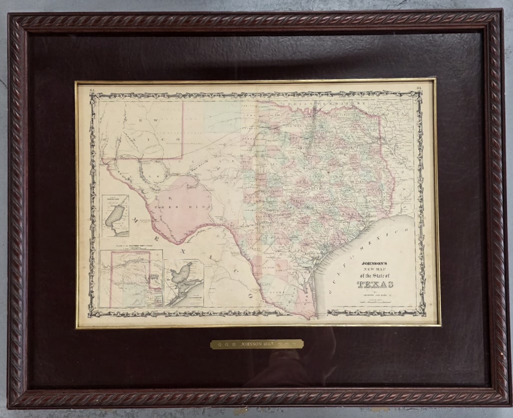 Framed "Johnson's New Map of the State of Texas": Vintage framed engraving titled "Johnson's New Map of the State of Texas". Published in New York by Johnson and Ward. Matte appears to be leather however, has not been examined out of frame. Includes