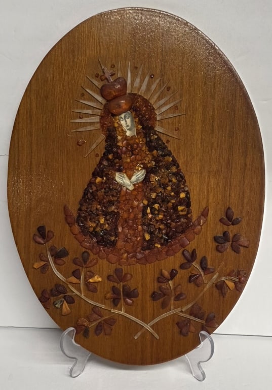 Handcrafted Baltic Amber? Virgin Mary Mosaic: Handcrafted Baltic amber? mosaic icon on wooden plaque. Mosaic depicts the Blessed Virgin Mary. Missing some pieces. Approximately 14.5"h x 10.5"w. Photos are considered part of the condition and desc