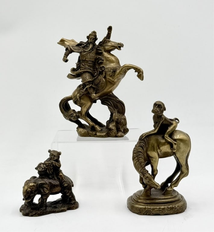 3pc Collection of Brass Feng Shui Figurines: 3pc Collection of traditional brass Feng Shui figurines. Includes 6" The Warrior on a Rearing Horse, revered as a God of War and Wealth, symbolizing righteousness, loyalty, protection, and triumphant