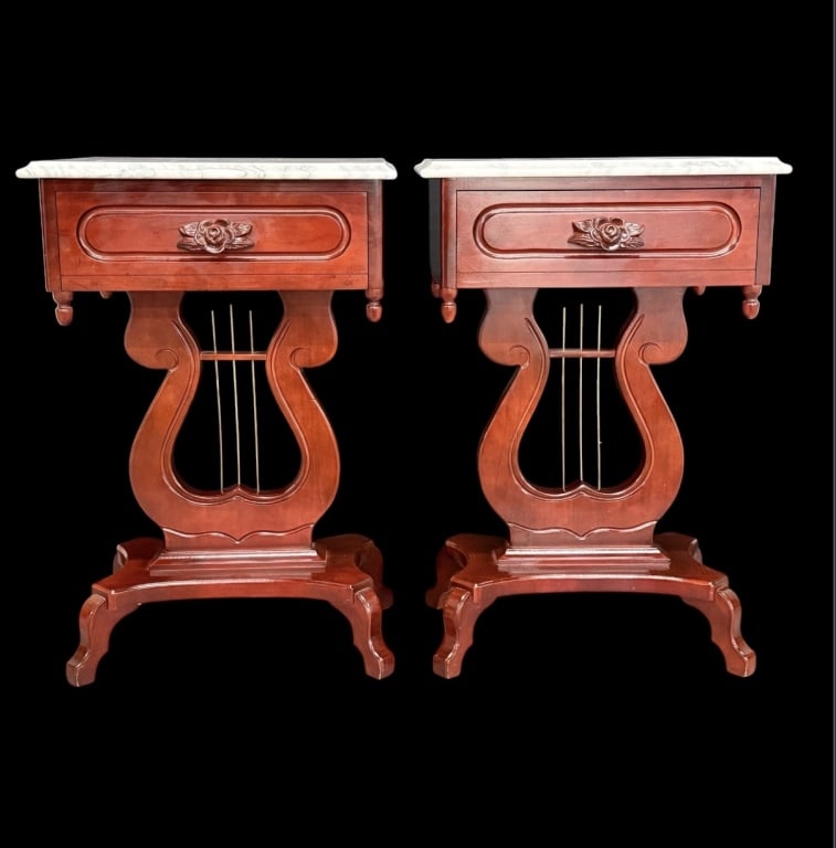 Pair Vintage Marble Top Lyre Side Tables (1 of 9)