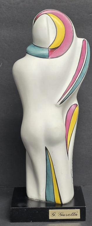 Guglielmo Gusella Abstract Modernist Figurine: Abstract modernist ceramic figurine by Italian artist Guglielmo Gusella. Features a stylized, fluid figurative design constructed from glazed porcelain stoneware. Body is detailed with colorful geomet
