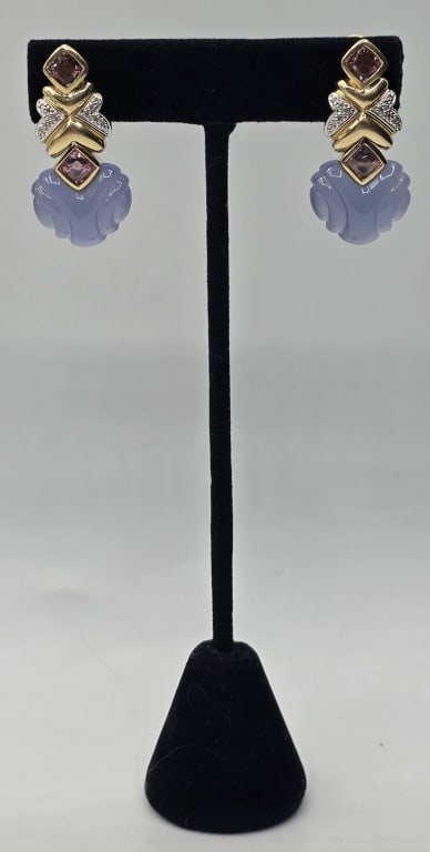 Beautiful 14k Chalcedony Drop Earrings - 16.19g: Pair of beautiful blue/purple chalcedony drop dangle earrings. Earrings feature cabochon cut chalcedony and rose quartz. Clip on backs. Approximately 1.5" and 16.19g TW. Photos are considered part of 
