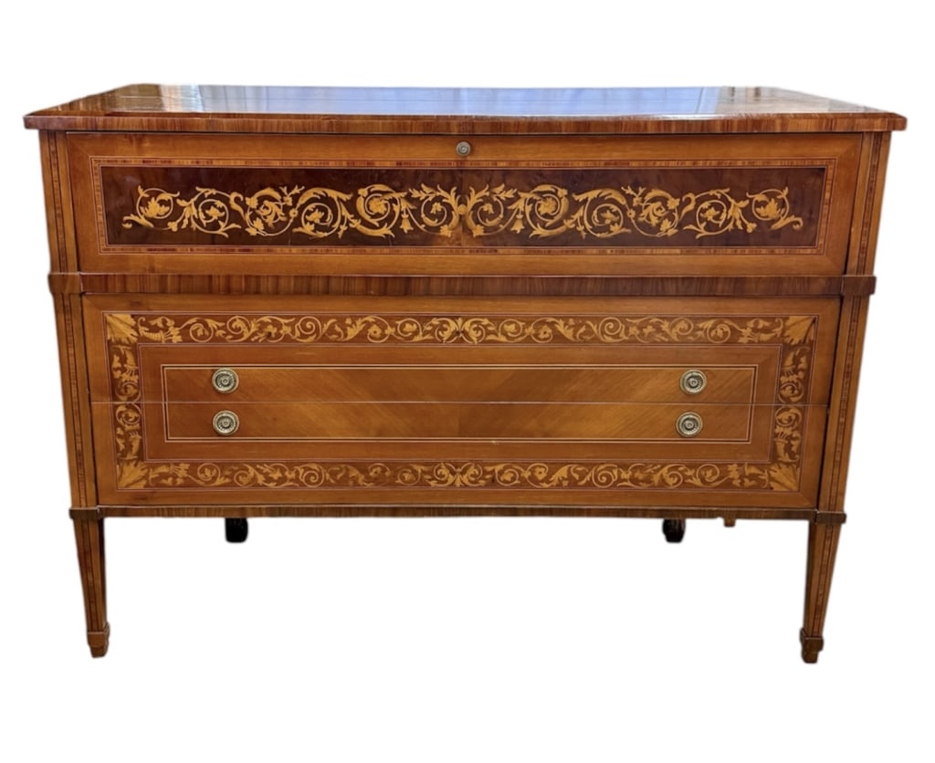 Antique Garpanelli Louis XVI Style Secretary Desk: Antique Garpanelli Louis XVI style secretary desk. Made in Italy. Desk features drop front writing surface that opens downward to create a flat desktop. Open cabinet features an array of small interna