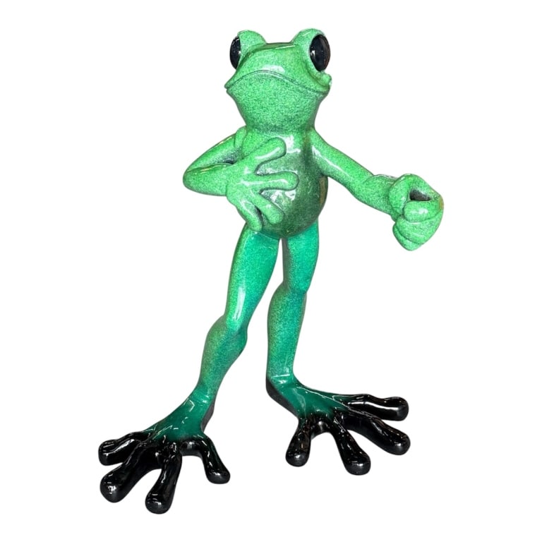 Rare Kitty's Critters "El Don" 36" Frog Sculpture: Rare Kitty's Critters "El Don" 36" frog sculpture. Designed by artist Kitty Cantrell, 2004 release date. Crafted from a heavy, high quality resin composite and finished with a glossy green and black