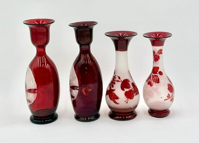 5pc Bohemian Ruby Flashed Glass Vases - 15