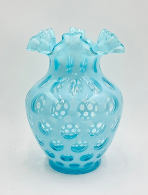 Beautiful Opalescent Blue Coin Dot Vase: Beautiful opalescent blue coin dot vase. Vase features ruffled and double crimped rim. In excellent condition with no chips or cracks. Approximately 8.75"h. Photos are considered part of the