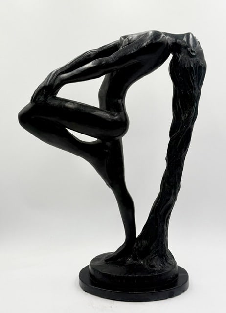 K. Sever for Austin Productions "Sultry Awakening": Klara Sever for Austin Productions "Sultry Awakening" figural sculpture. Durastone sculpture features a black finished curved female nude form with long cascading hair. Approximately 21.75"h. Photos