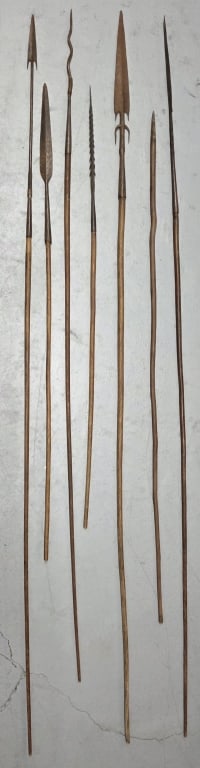 Assorted African Tribal Hunting & Combat Spears: Collection of Central and East African tribal hunting and combat spears. Feature hand forged iron spearheads fitted over hand carved narrow bamboo shafts. 7 Spears total. Sizes vary from 35"-59"