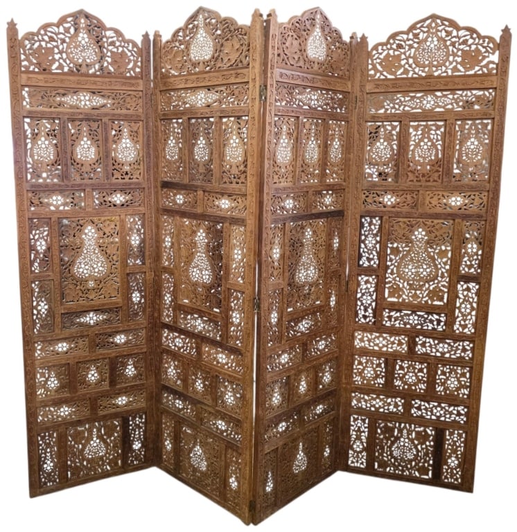 Vintage 4 Panel Carved Teak Room Divider: Vintage 4 panel room divider. Features ornately carved teak panels with mixed material embellishment inlays, filigree fretwork, and floral motifs. In good condition for age with some missing inlays an